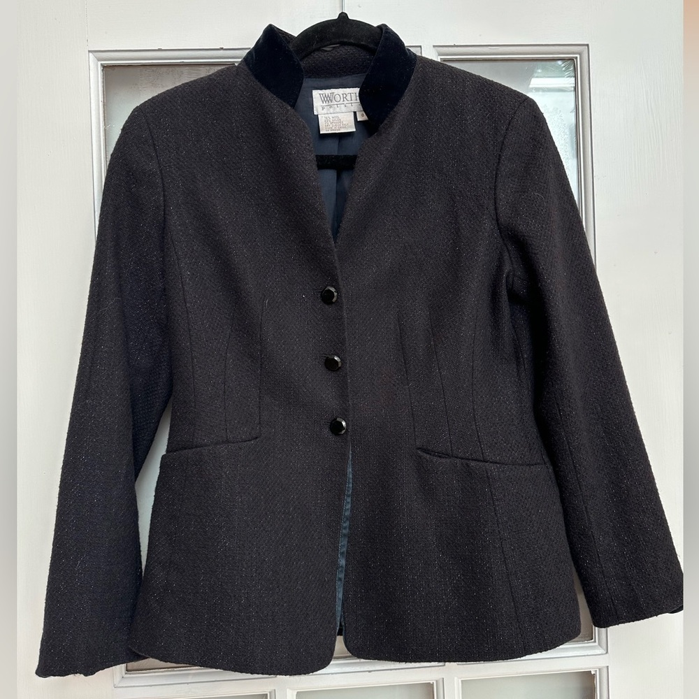 Vintage Worth Black Wool Blazer Velvet Trim Timeless Classic Size 8P Petite